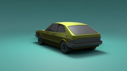 Cool looking old fashion car, back view studio render on green background. Modern car design. 3d illustration.