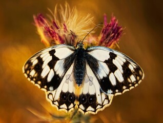 Butterfly with black and white wings on a flower