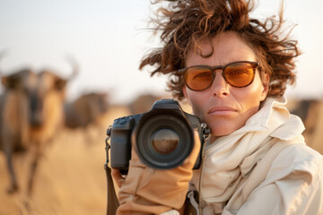 Obraz premium Wildlife photographer in the savannah capturing images of animals during golden hour