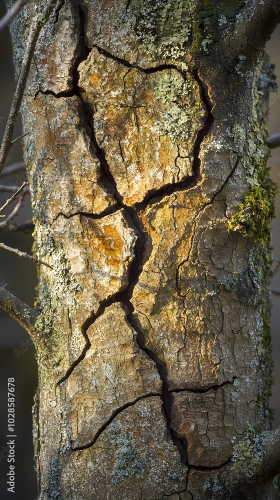 Poster a close-up of a tree trunk with a deep crack running through its bark, revealing the intricate textu