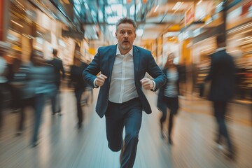 Businessman dashes through crowded shopping mall while being pursued in a busy urban setting