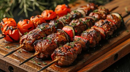 Grilled skewers with meat and vegetables, perfect for a barbecue or outdoor meal.