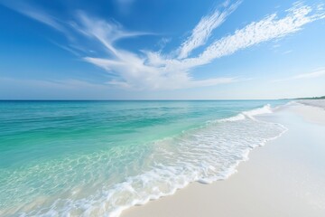 Relaxing beach with gentle waves gently lapping against pristine white sand under a clear blue sky on a sunny day