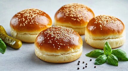 Brioche slider buns with golden sesame seeds, isolated on a light gray background with decorative fresh basil and pickles