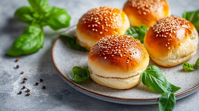 Brioche slider buns, isolated on a white plate background with decorative sesame seeds and fresh basil leaves