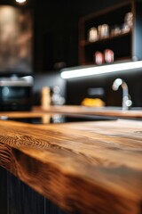 Obraz premium Rustic Wooden Kitchen Counter with Modern Shelves and Kitchenware