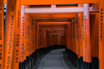 Iconic orange torii gates at Fushimi Inari Shrine in Kyoto, Japan.