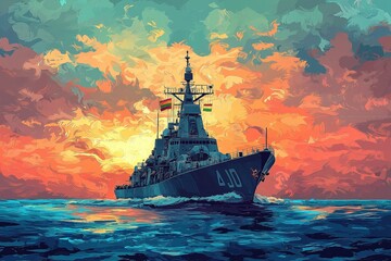 Obraz premium Indian Navy Day celebration featuring a naval ship at sunset in the open sea