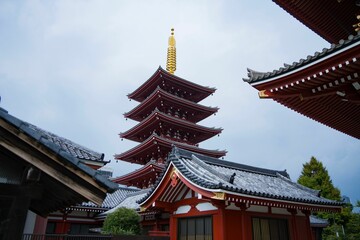 Five-storied Pagoda of Senso-ji Temple in the evening.  Asakusa, Tokyo, Japan