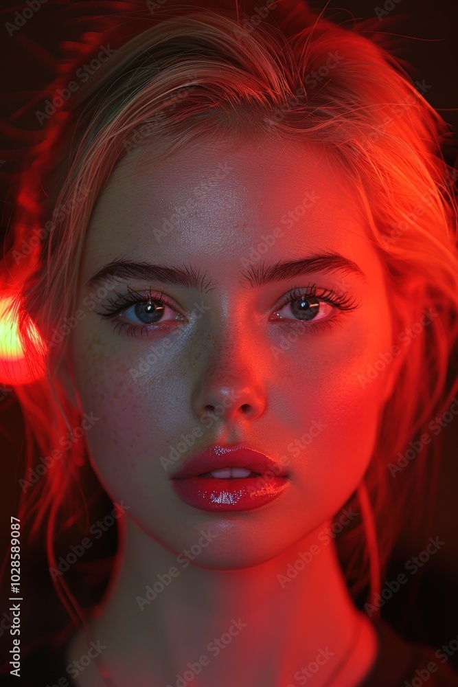 Poster Close-up of a model illuminated by soft red lighting in an artistic portrait