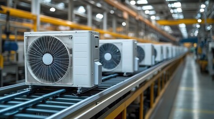 Fototapeta premium Air conditioning units on an assembly line in a manufacturing plant 