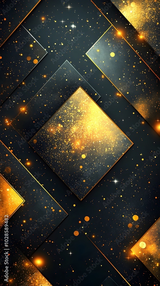 Poster a shimmering abstract background with a gold and black geometric pattern and a starry sky effect.