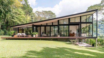 Fototapeta premium Modern Glass House Surrounded by Lush Greenery
