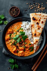 Delicious curry with chicken, rice, and naan served on a dark textured surface