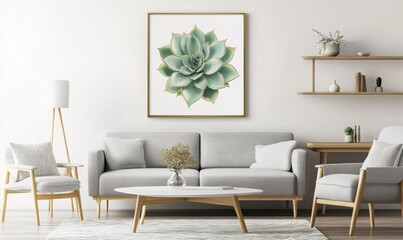 Elegant living room with minimalist decor, featuring a succulent art piece, wooden shelves, and neutral tones.