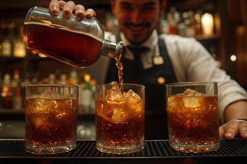 A bartender pouring a drink into a glass.