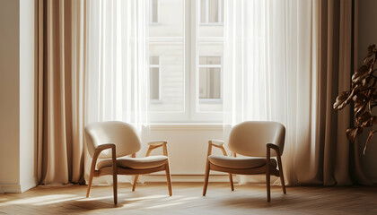 Two chairs positioned in front of a window, suggesting a cozy sitting area in a minimalist setting.  