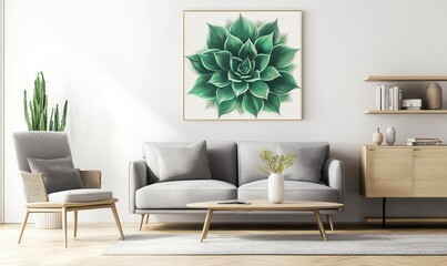 Minimalist living room featuring a large green abstract art piece, gray sofa, and wooden accents.
