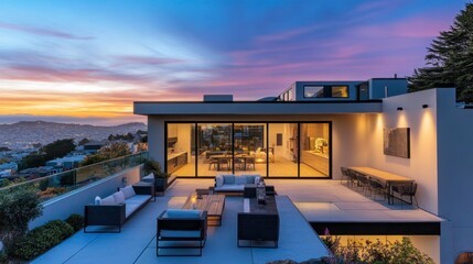 Fototapeta premium Modern House with View at Sunset