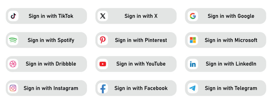 Buttons Sign in with Google, Facebook,X,Microsoft,LinkedIn,Instagram,Pinterest,Dribbble,Spotify.Authenticate User Login with.