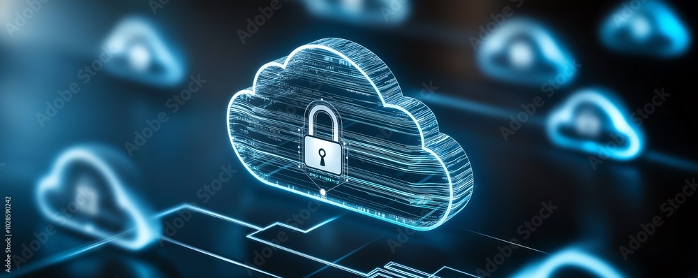 Poster a digital cloud with a secure lock representing cloud computing and data protection in a modern tech