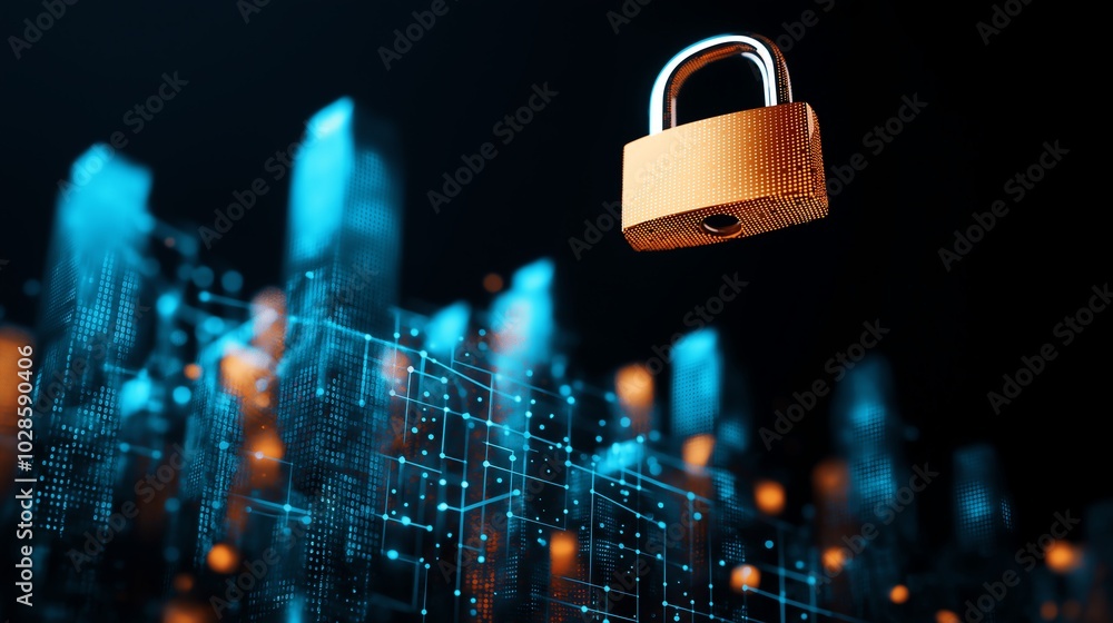 Poster a digital padlock suspended over a network of glowing data points, symbolizing cybersecurity and dat