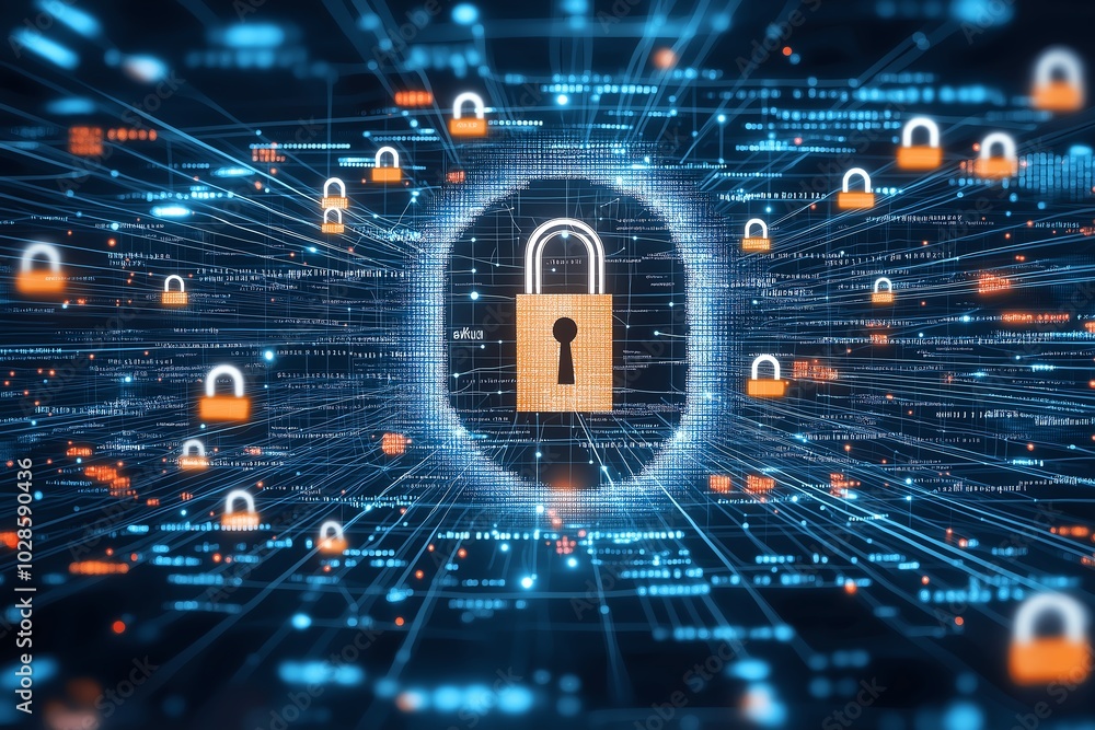Poster a digital lock surrounded by data streams, symbolizing cybersecurity and online protection in a mode