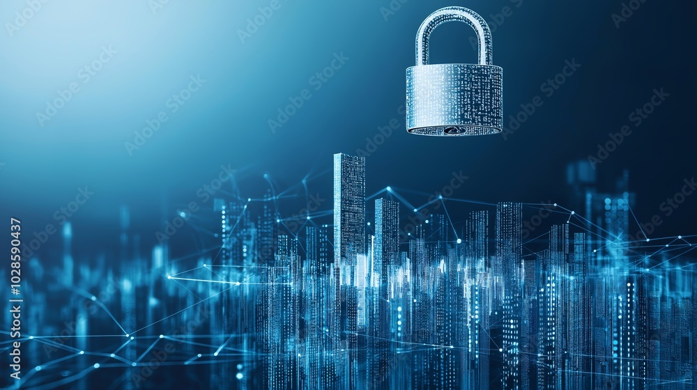 Poster a digital padlock symbolizing cybersecurity and data protection with futuristic data visualization i