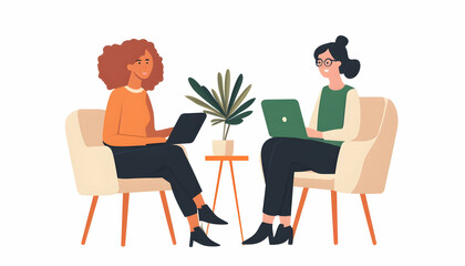 Two women sitting in chairs, one holding a laptop, engaging in a discussion  