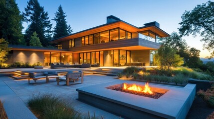 Modern Home With Outdoor Fire Pit at Dusk