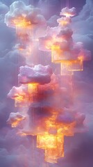 Obraz premium Abstract digital art featuring glowing, geometric shapes suspended from fluffy clouds against a purple sky.