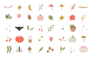 Hand Drawn Autumn Icons. Cozy Fall Leaves, Mushrooms, Berries and Nature Elements