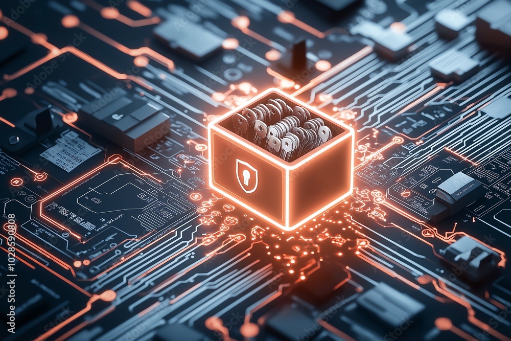 Poster a glowing digital shield protecting a data box on a circuit board, symbolizing cybersecurity and dat