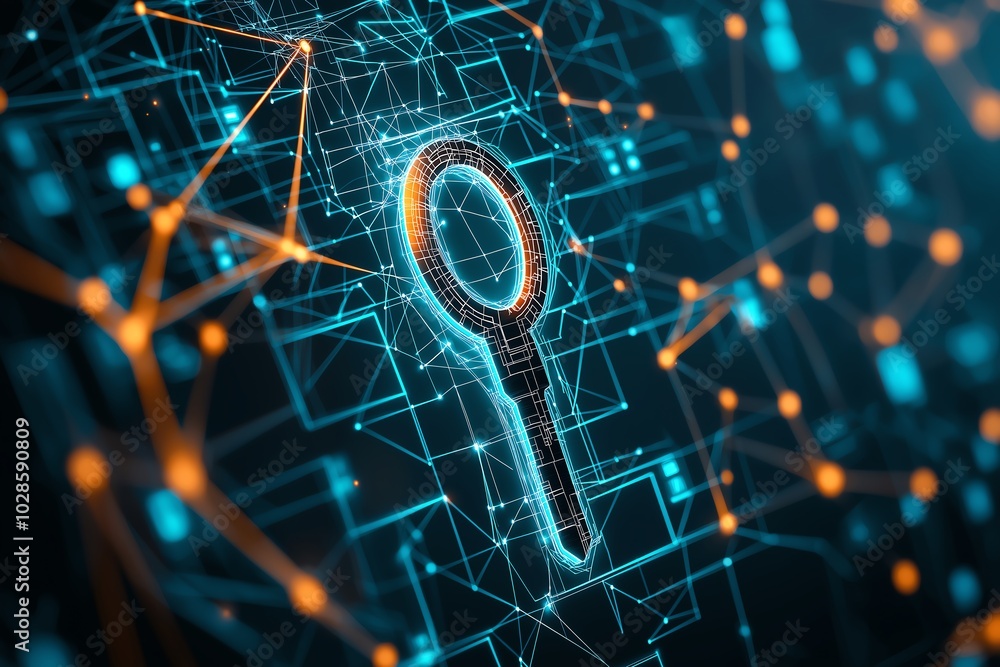Poster a glowing key symbol amidst a digital network, representing cybersecurity and data protection in a t