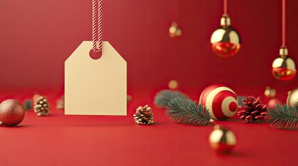 Blank Tag Hanging with Christmas Ornaments on Red Background