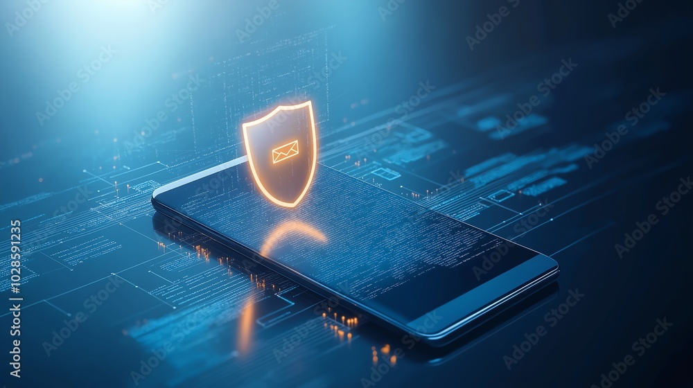 Poster a smartphone displaying a digital security shield, symbolizing cybersecurity and data protection in 