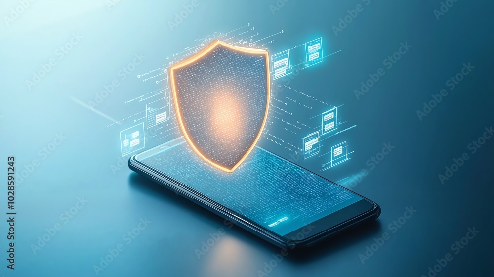 Poster a smartphone displaying digital security features, symbolizing protection in mobile technology and c