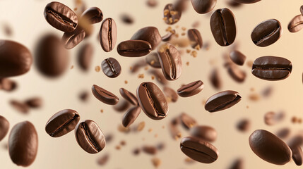 Fototapeta premium Falling Roasted Coffee Beans Surrounded By Motion Blur In Warm Tones