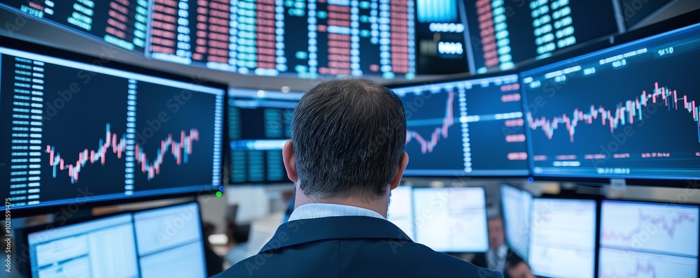 Aufkleber a trader analyzing stock market trends on multiple screens filled with data and graphs in a modern f