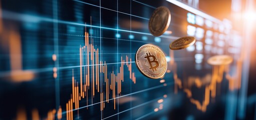 A visual representation of cryptocurrency market trends with Bitcoin coins and a digital background showcasing price fluctuations.