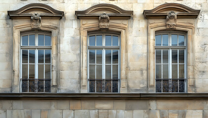 Fototapeta premium Windows of an old city center building, showing historical architecture and urban charm. 