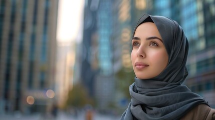 Beautiful Muslim girl in hijab, close-up shot, urban landscape in the background.