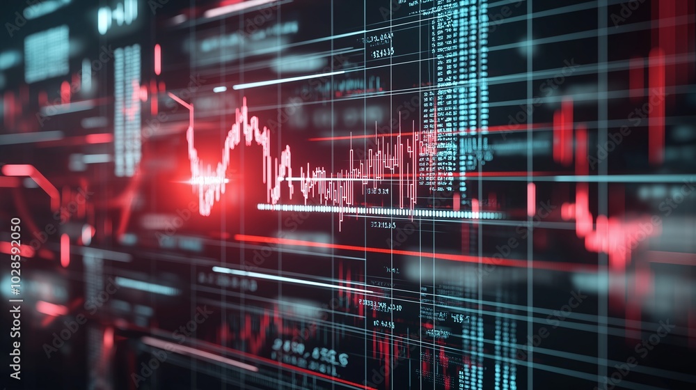 Poster close-up view of a digital stock market chart showing dynamic fluctuations in prices with vibrant re