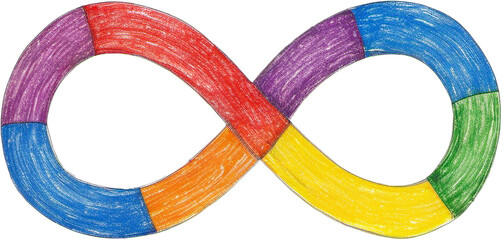 Colourful infinity symbol coloured by a child using colouring pencils, transparent background