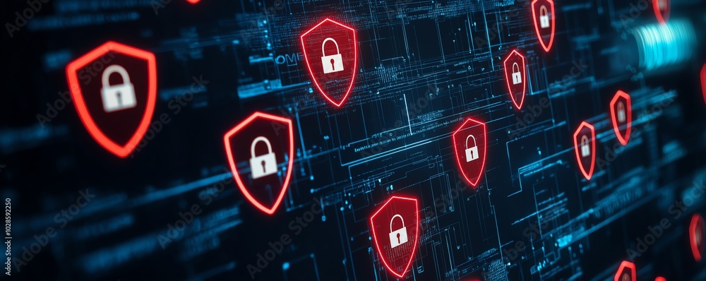 Poster digital illustration of cybersecurity with various shield icons, representing protection and data se