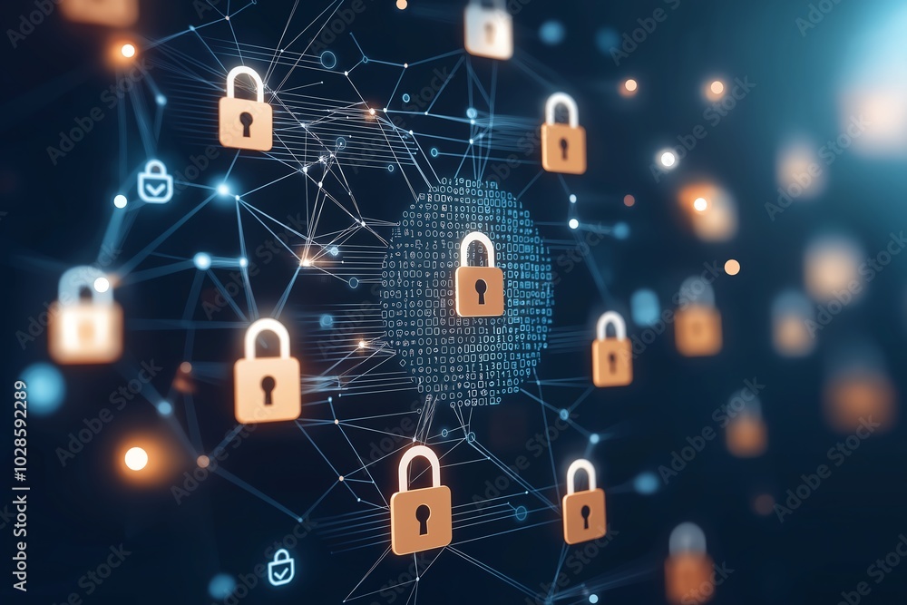 Poster digital network security concept featuring multiple padlocks symbolizing data protection and cyberse