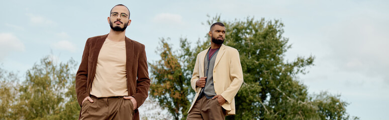 Handsome men display trendy autumn outfits while enjoying the beauty of a vibrant natural field.