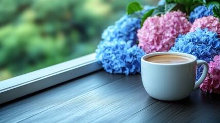 White coffee cup with a flowery pattern on the side sits on a wooden table. Cup is filled with coffee and is placed on a saucer. Coffee cup on the table outside on the balcony with many flowers around