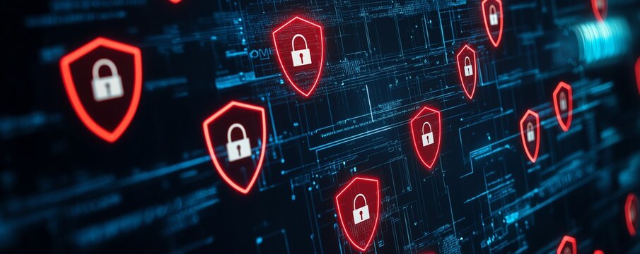 Digital illustration of cybersecurity with various shield icons, representing protection and data security in modern technology.