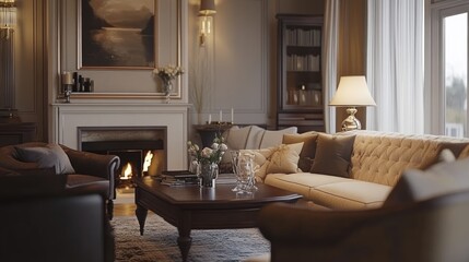 Luxurious Living Room with Fireplace and Couch